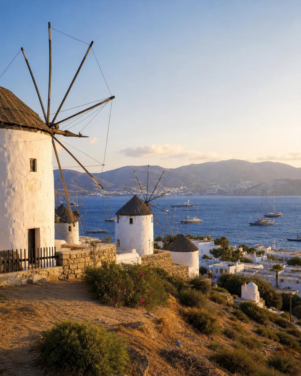 White windmills and sailing yachts along the Bodrum coast