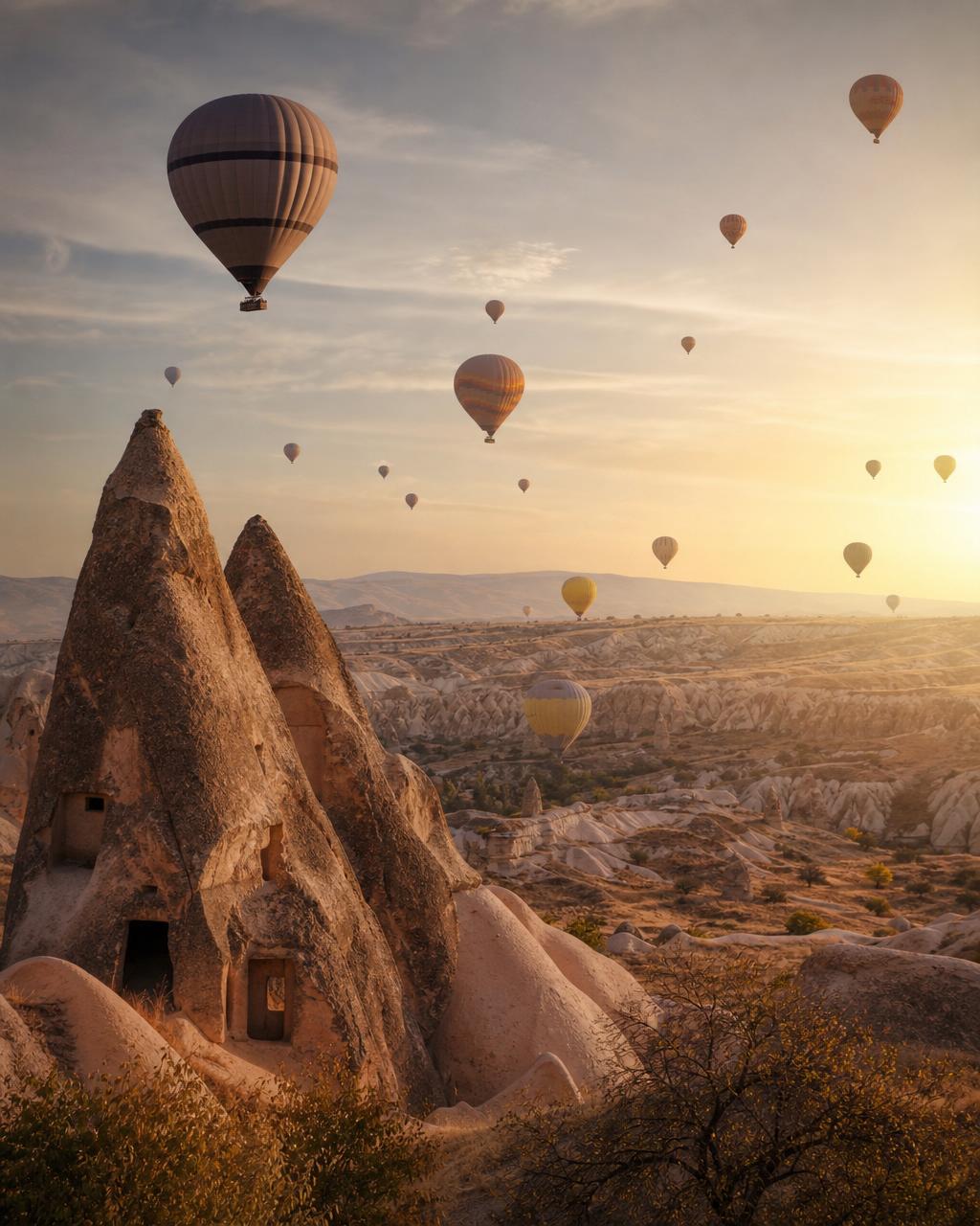 Hot air balloons over Cappadocia's fairy chimneys at sunrise