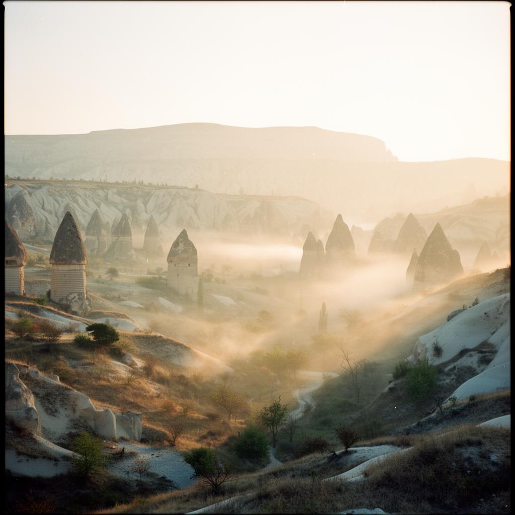Dreamy Cappadocia valley at sunrise with soft mist