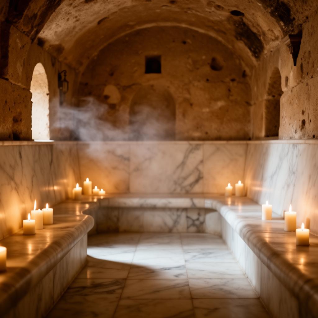 Couple relaxing in a candlelit Turkish hammam
